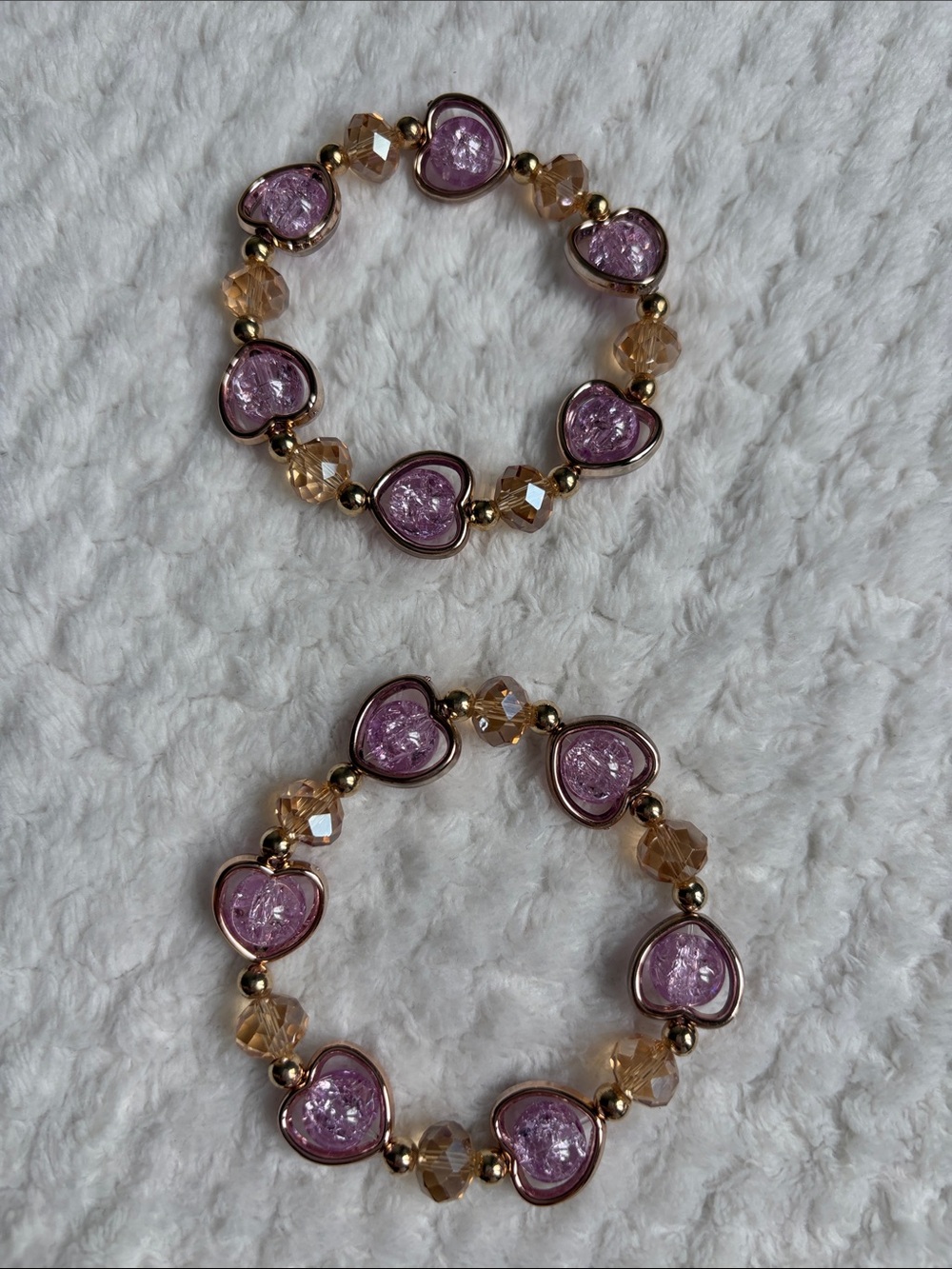 NWOT Pink Cracked Glass Beaded Stretch Bracelet With Linda Hearts - Set of 2